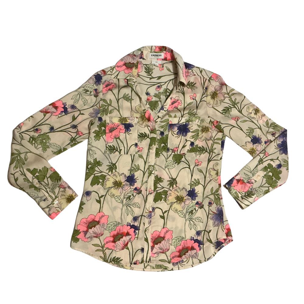 Express Portofino Floral Shirt Small Button-Up Long Sleeve Roll-Tab Career